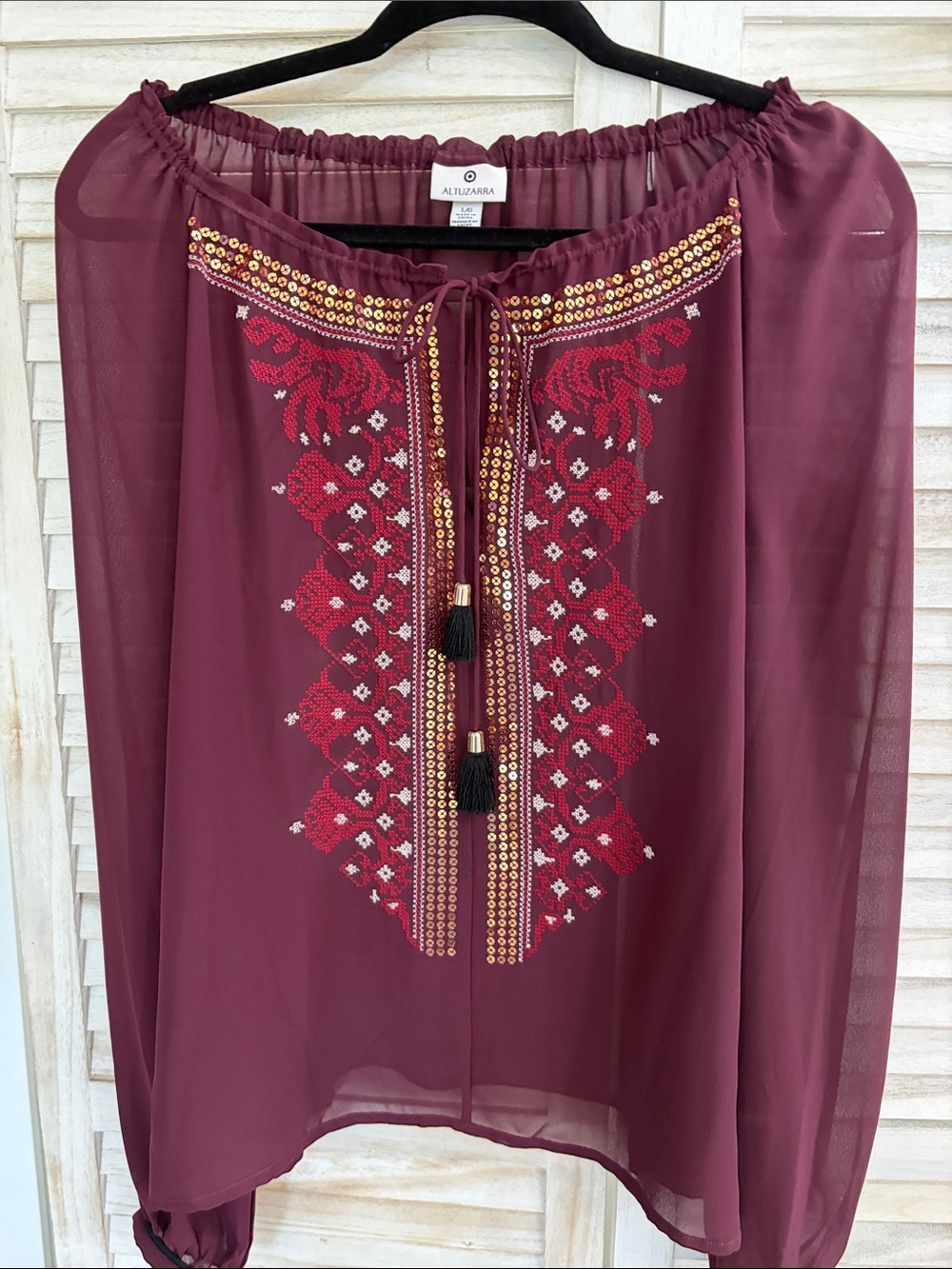 Altuzarra Burgundy Embroidered Tassel Peasant Tunic